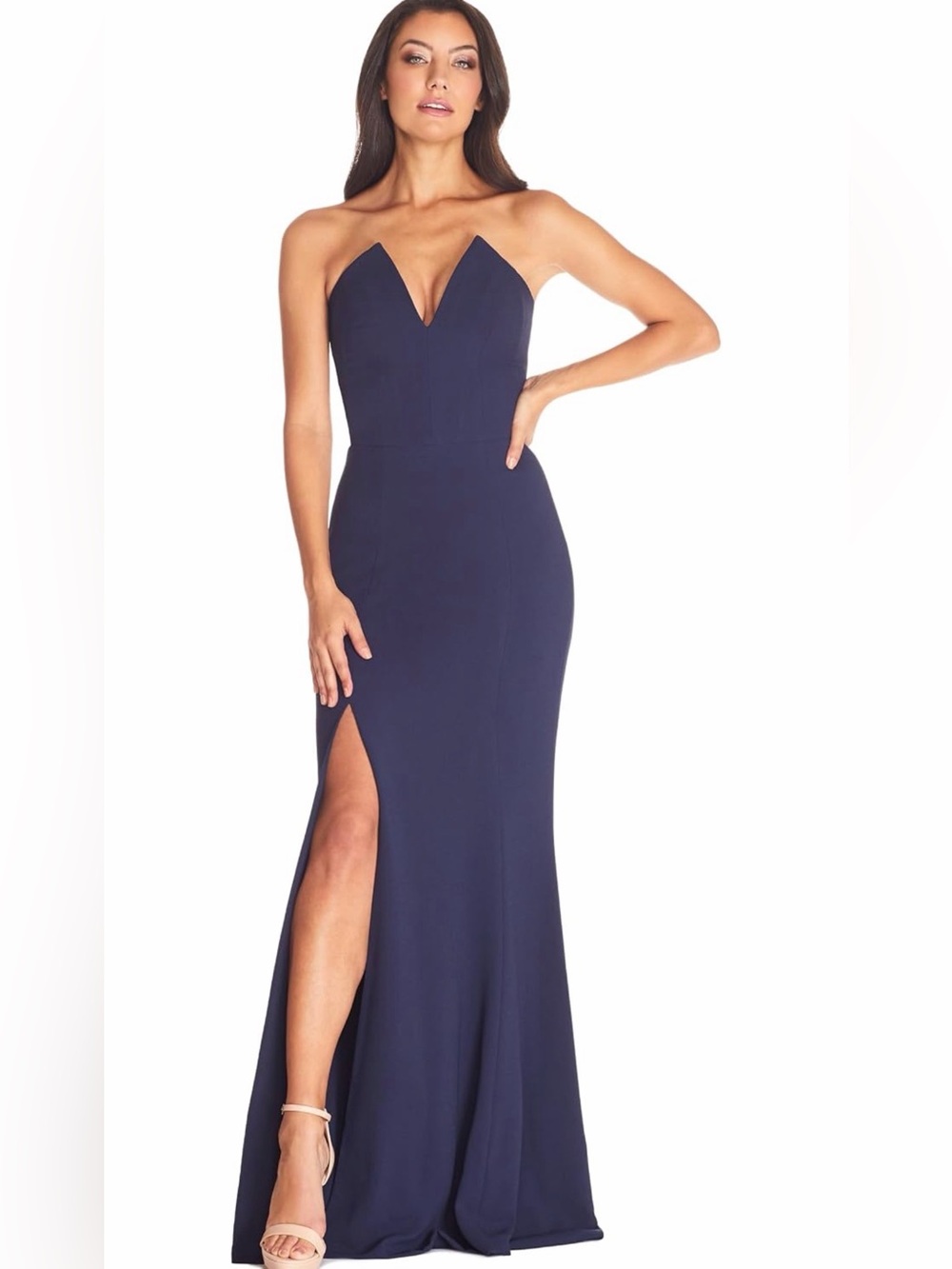 NWT Dress the Population Fernanda Navy Strapless V-Notch Mermaid Gown Slit, L